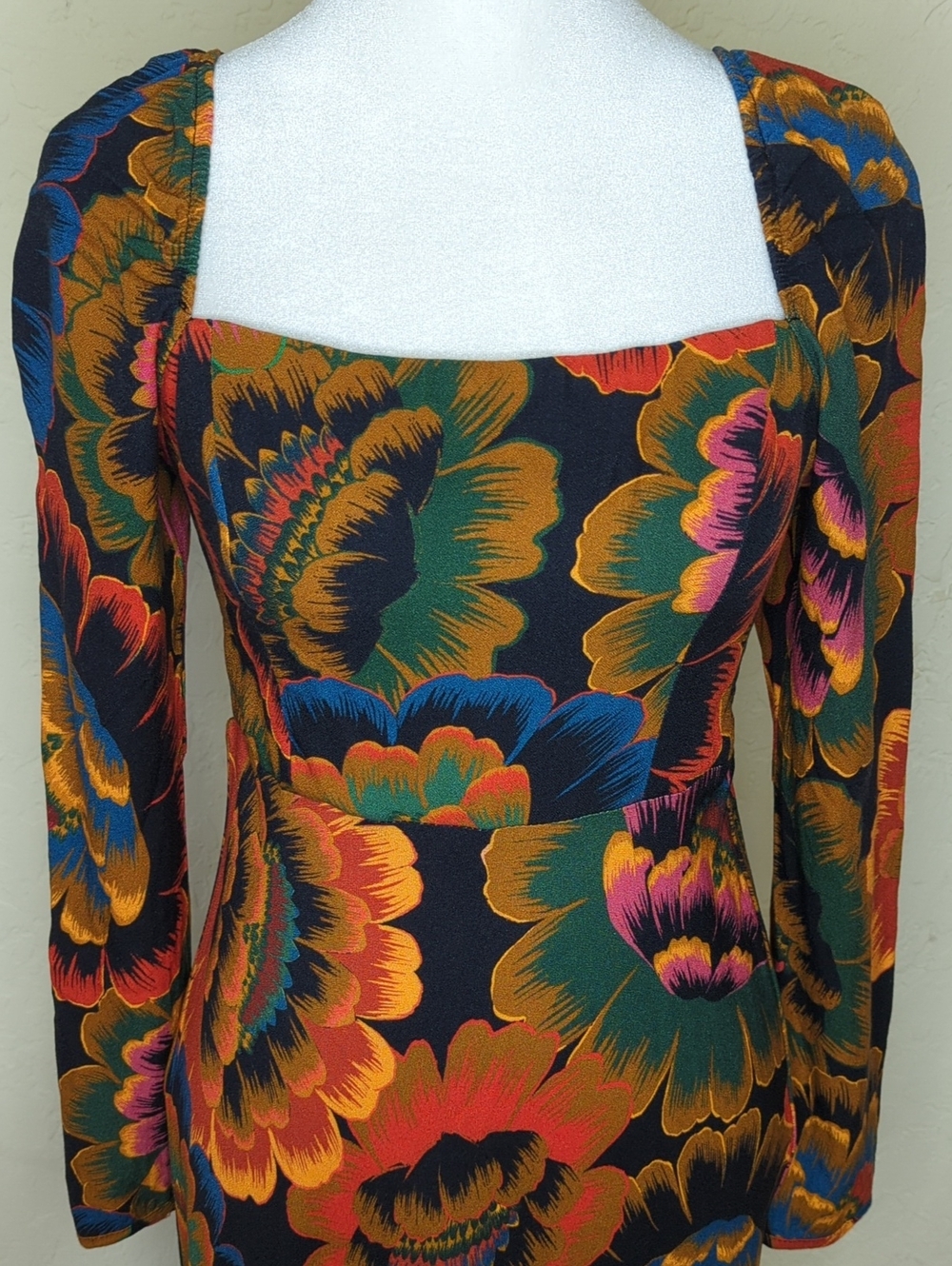 NEW FARM Rio Colorful Flowers Square-Neck Smocked Back Midi Dress Size XS - Picture 11 of 16
